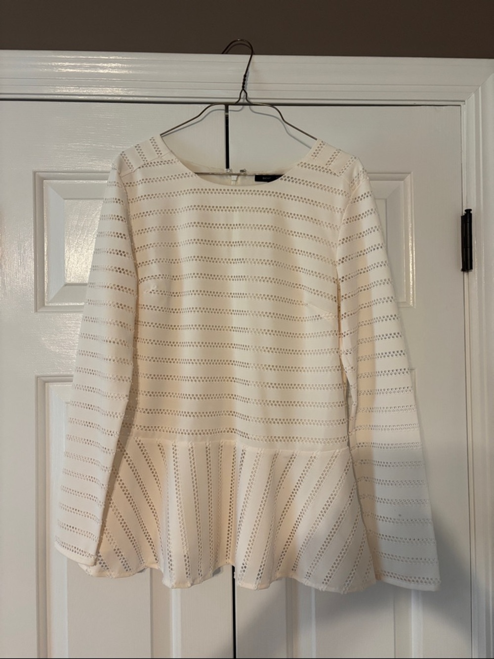 White Peplum Long-Sleeve Eyelet Top